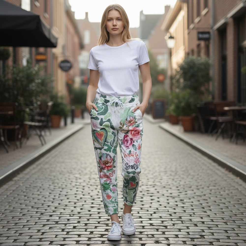 White Floral Graphic Joggers Smile Amore Print Drawstring Pants Made  Italy O/S